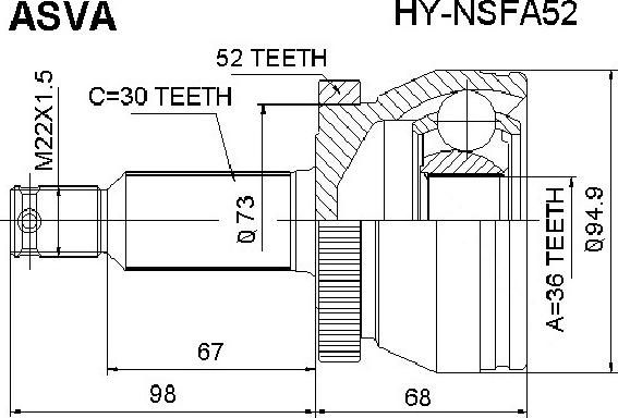 ASVA HY-NSFA52 - ШРУС внешний HYUNDAI/ SANTA FE 2006-2008 2, 7 5MT/ 4AT 2WD/ 4WD/36x30 мм autodif.ru