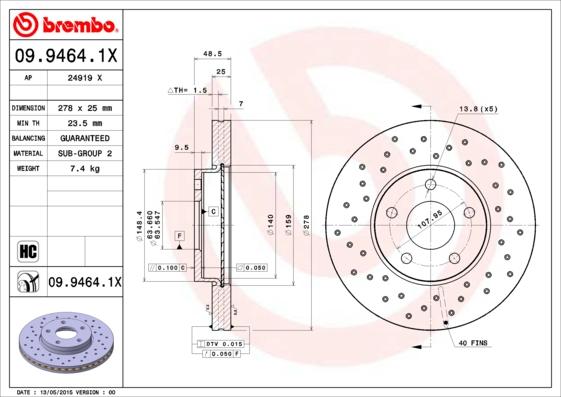 Brembo 09.9464.1X - Тормозной диск autodif.ru