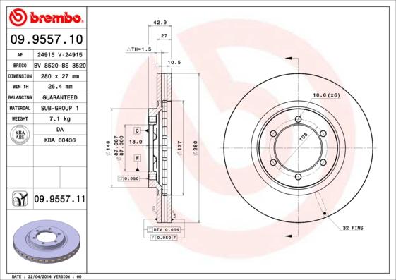 Brembo 09.9557.10 - Тормозной диск autodif.ru