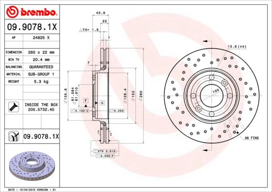 Brembo 09.9078.1X - Тормозной диск autodif.ru