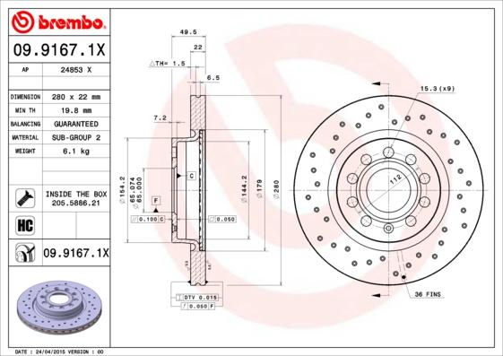 Brembo 09.9167.1X - Тормозной диск autodif.ru