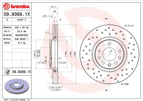Brembo 09.9369.1X - Тормозной диск autodif.ru