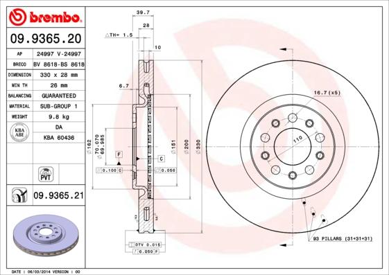 Brembo 09.9365.21 - Тормозной диск autodif.ru