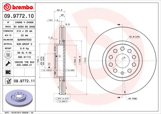 Brembo 09.9772.11 - Диск тормозной передн. с УФ покрытием AUDI A1 (8X1 8XK) 05/10-10/18 / AUDI A1 Sportback (8XA 8XF) autodif.ru