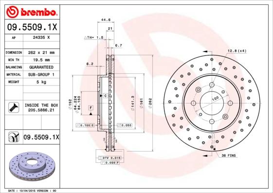 Brembo 09.5509.1X - Тормозной диск autodif.ru