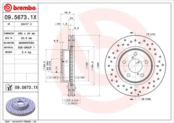 Brembo 09.5673.1X - Тормозной диск autodif.ru