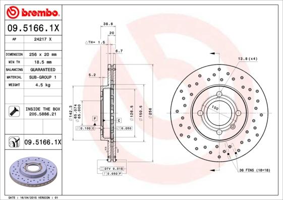 Brembo 09.5166.1X - Тормозной диск autodif.ru