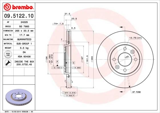 Brembo 09.5122.10 - Тормозной диск autodif.ru