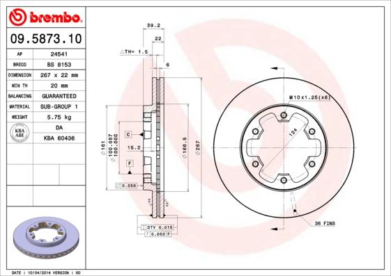 Brembo 09.5873.10 - Тормозной диск autodif.ru