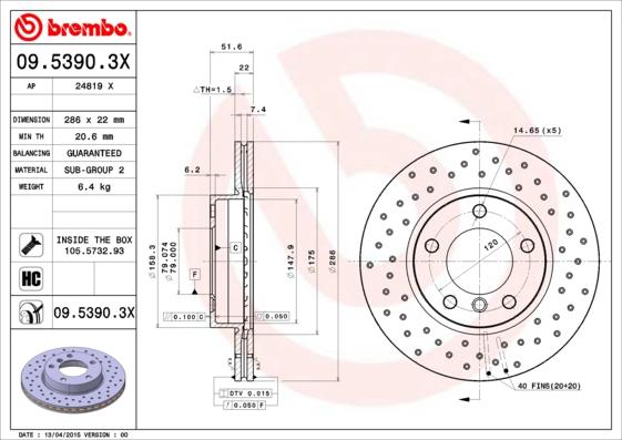 Brembo 09.5390.3X - Тормозной диск autodif.ru