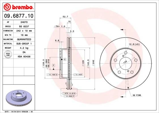 Brembo 09.6877.10 - Тормозной диск autodif.ru