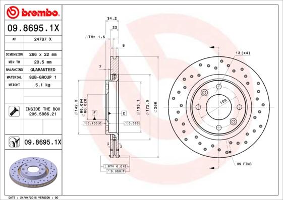 Brembo 09.8695.1X - Тормозной диск autodif.ru