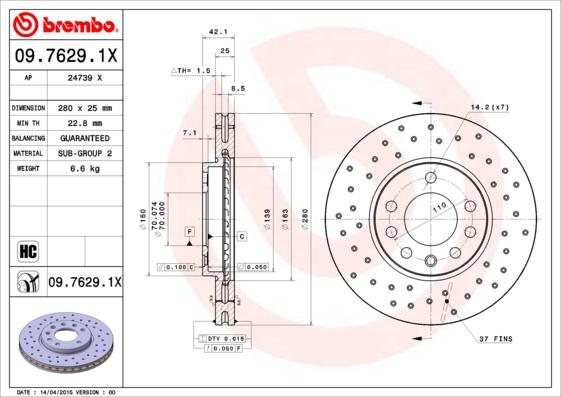 Brembo 09.7629.1X - Тормозной диск autodif.ru