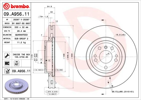 Brembo 09.A956.11 - Тормозной диск autodif.ru