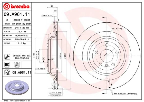 Brembo 09.A961.11 - Тормозной диск autodif.ru
