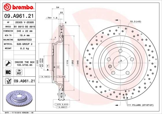 Brembo 09.A961.21 - Тормозной диск autodif.ru