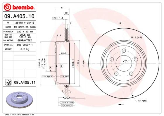 Brembo 09.A405.10 - Тормозной диск autodif.ru