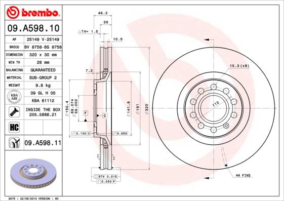 Brembo 09.A598.11 - Тормозной диск autodif.ru