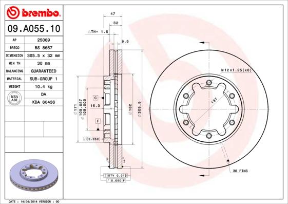 Brembo 09.A055.10 - Тормозной диск autodif.ru