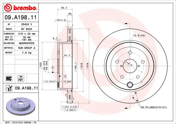 Brembo 09.A198.11 - Тормозной диск autodif.ru