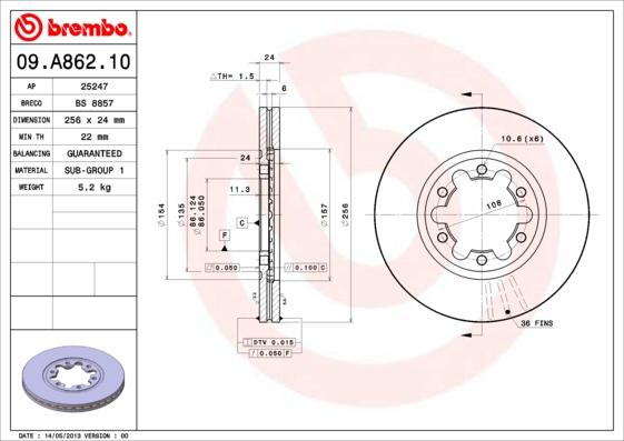 Brembo 09.A862.10 - Тормозной диск autodif.ru