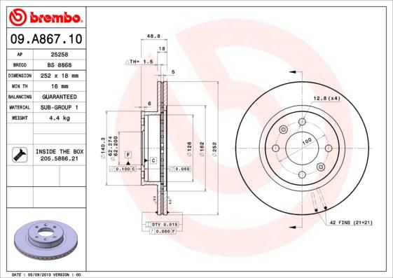 Brembo 09.A867.10 - Тормозной диск autodif.ru