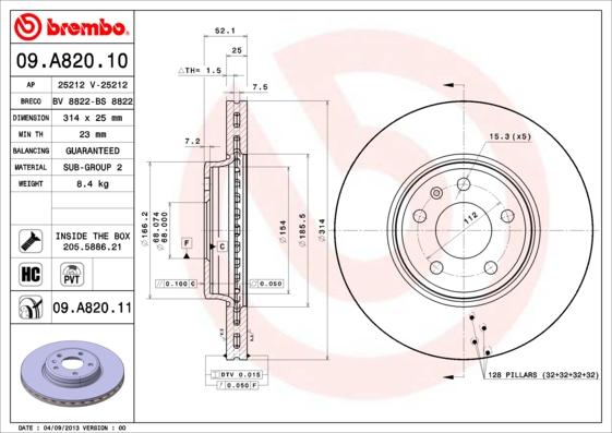 Brembo 09.A820.11 - Тормозной диск autodif.ru