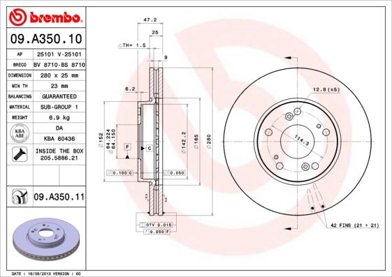 Brembo 09.A350.11 - Тормозной диск autodif.ru
