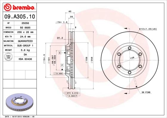 Brembo 09.A305.10 - Тормозной диск autodif.ru