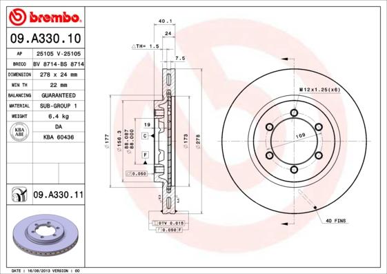 Brembo 09.A330.11 - Тормозной диск autodif.ru