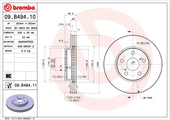 Brembo 09.B494.11 - Тормозной диск autodif.ru
