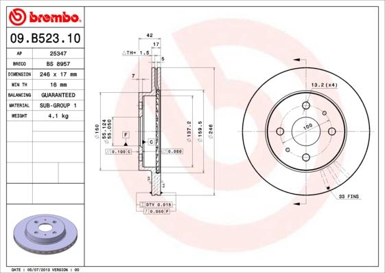 Brembo 09.B523.11 - Тормозной диск autodif.ru