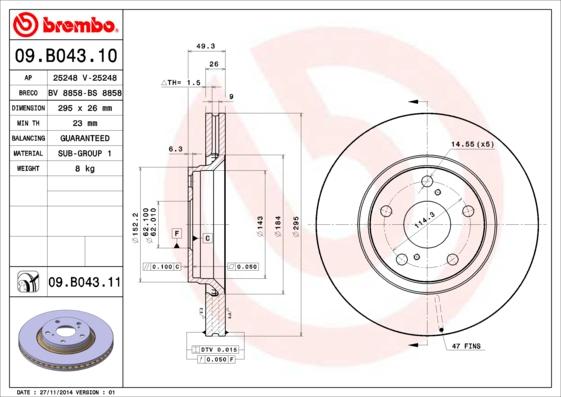Brembo 09.B043.11 - Тормозной диск autodif.ru