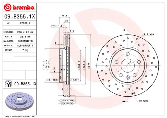 Brembo 09.B355.1X - Тормозной диск autodif.ru