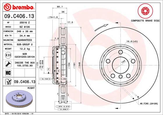 Brembo 09.C406.13 - Тормозной диск autodif.ru