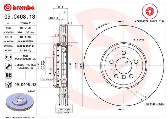 Brembo 09.C408.13 - Тормозной диск autodif.ru