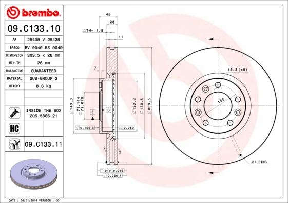 Brembo 09.C133.11 - Тормозной диск autodif.ru