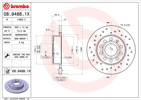 Brembo 08.9488.1X - Тормозной диск autodif.ru