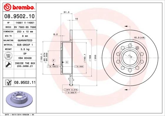 Brembo 08.9502.11 - Тормозной диск autodif.ru