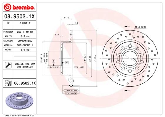 Brembo 08.9502.1X - Тормозной диск autodif.ru
