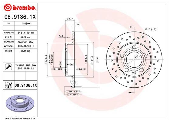 Brembo 08.9136.1X - Тормозной диск autodif.ru
