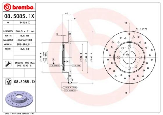 Brembo 08.5085.1X - Тормозной диск autodif.ru