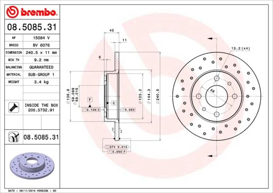 Brembo 08.5085.31 - Тормозной диск autodif.ru