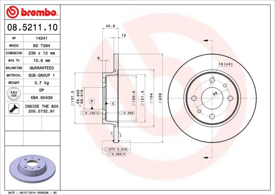 Brembo 08.5211.10 - Тормозной диск autodif.ru