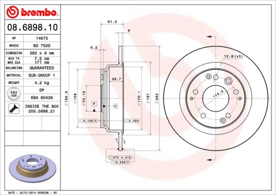 Brembo 08.6898.10 - Тормозной диск autodif.ru