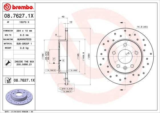 Brembo 08.7627.1X - Тормозной диск autodif.ru