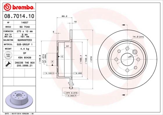 Brembo 08.7014.10 - Диск тормозной задн OPEL. VECTRA B 95-02. VECTRA B хечбэк 95-03. VECTRA B универсал 96-03 autodif.ru