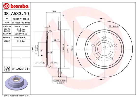 Brembo 08.A533.11 - Тормозной диск autodif.ru