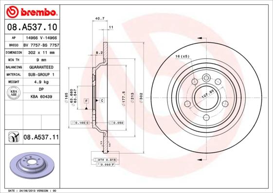 Brembo 08.A537.11 - Тормозной диск autodif.ru
