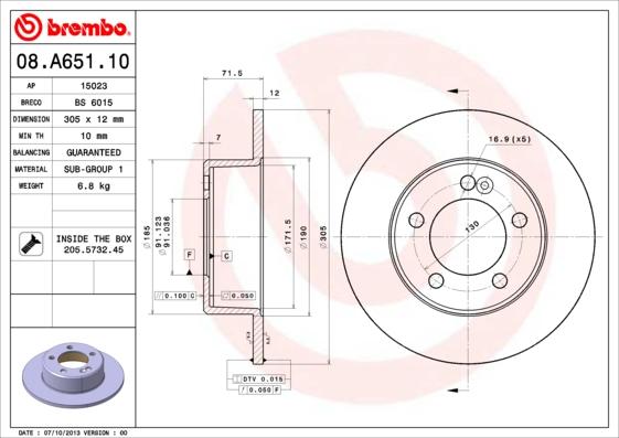 Brembo 08.A651.10 - диск тормозной задний autodif.ru